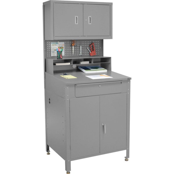 Global Industrial 34-1/2W x 30D x 80H Cabinet Shop Desk with Pigeonhole Riser, Pegboard & Upper Cabinet, Gray 249692GY